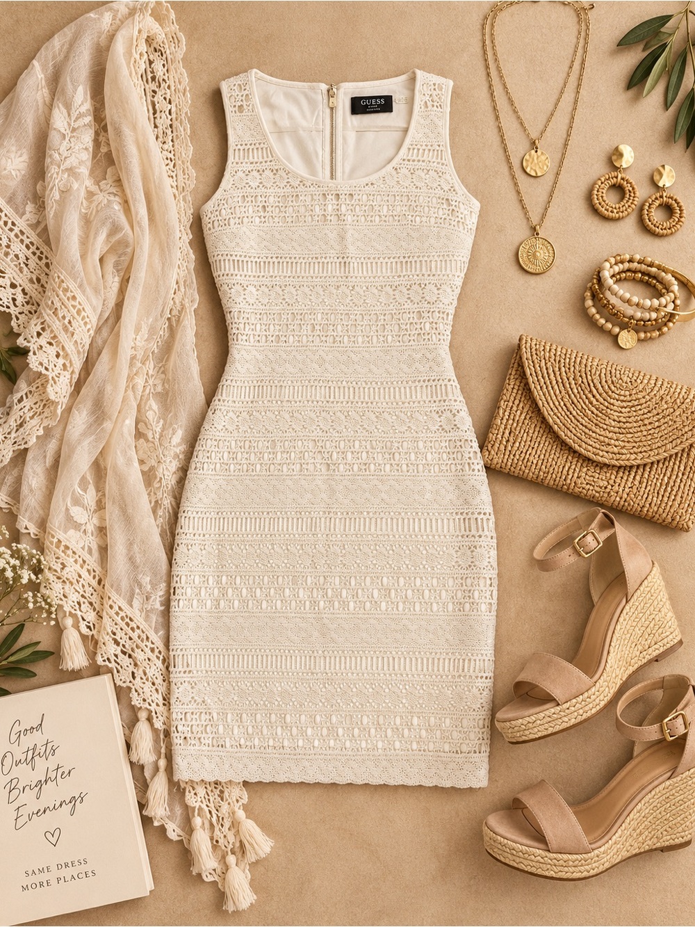 GUESS Ivory Crochet Lace Bodycon Dress Gold Zip Sleeveless